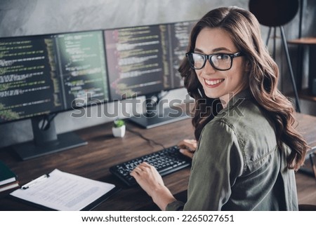 Profile photo of positive smart hardware expert girl sitting chair keyboard write open space workplace indoors