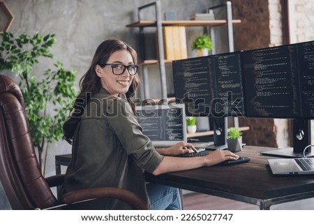 Photo of smiling lady specialist computer sphere working home write site research program server operating system office indoor workstation