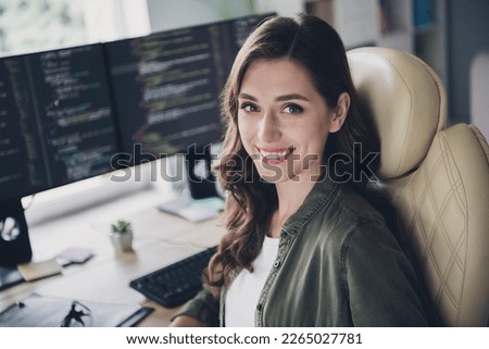 Photo of charming lady software hardware expert sitting comfort chair renew operating system create new site indoor home workstation Royalty-Free Stock Photo #2265027781