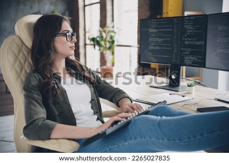 Photo of cool attractive lady administrator wear eyeglasses completing working tasks indoors workplace workstation