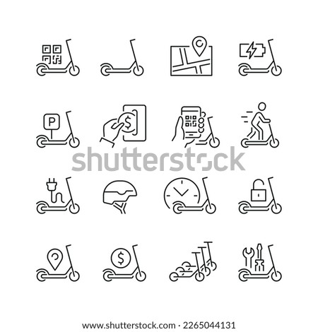 Electric scooter rental related icons: thin vector icon set, black and white kit