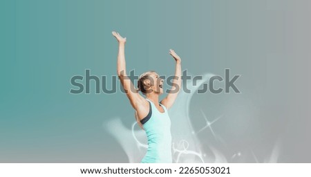 Composition of smiling fit caucasian female athlete celebrating win with copy space. sport, fitness and active lifestyle concept digitally generated image.