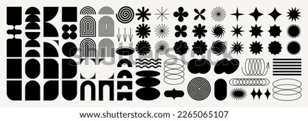Brutalist abstract geometric shapes and grids. Brutal contemporary figure star oval spiral flower and other primitive elements. Swiss design aesthetic. Bauhaus memphis design. Royalty-Free Stock Photo #2265065107