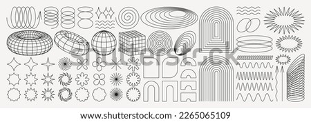 Brutalist abstract geometric shapes and grids. Brutal contemporary figure star oval spiral flower and other primitive elements. Swiss design aesthetic. Bauhaus memphis design. Royalty-Free Stock Photo #2265065109