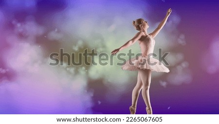 Composition of female ballet dancer in pink tutu with copy space on cloud over purple background. ballet, dance and fitness concept digitally generated image.