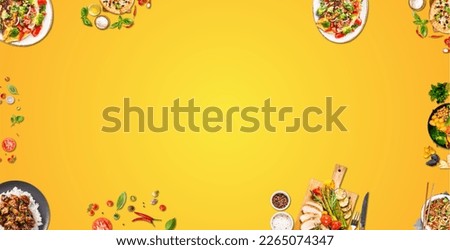 Mix Vegetables and food dishes at yellow background - set of different meal dishes isolated on yellow background Royalty-Free Stock Photo #2265074347