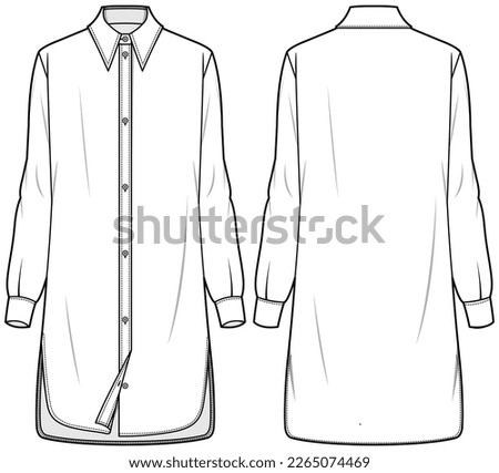 Women Tunic shirt dress design with band collar flat sketch fashion illustration with front and back view, Long Sleeve Kurtha shirt dress cad technical drawing vector template Royalty-Free Stock Photo #2265074469