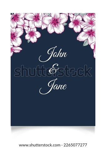 Vector botanical floral wedding invitation dark blue elegant card template with pink apple flowers. Romantic design for greeting card, annivesary.
