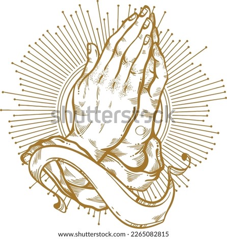 vector illustration of hands praying for God. hand drawing of jesus - black and gold vector