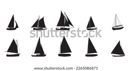 Fishing boat drawing set isolated on white. Colorful icon collection. Small ships in cute flat design. Kid toy style. Vector illustration. Royalty-Free Stock Photo #2265086871