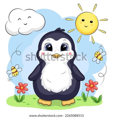 Cute cartoon penguin in nature. Vector illustration of an animal with flowers and bees on a blue background with cloud and sun.