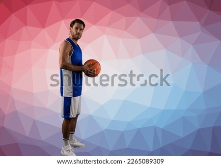 Composition of caucasian male basketball player with ball and copy space on pink background. sport and competition concept digitally generated image.