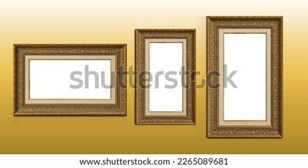 front view three white paper on golden rectangular frame placed on yellow and gold background, object, decor, fashion, gift, photo, copy space