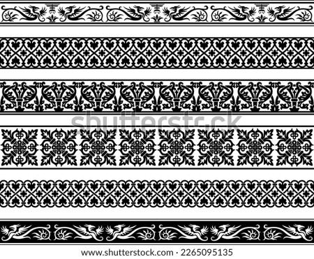 Decorative seamless borders, classic art. Mythical beast dragon. Black color. Pattern brushes included.