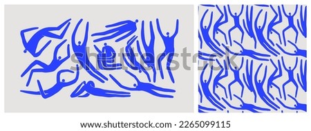 Abstract blue people body pattern illustration set. Vintage collage style figure background collection of men and women in diverse poses. Royalty-Free Stock Photo #2265099115