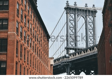 Manhattan Bridge as seen from Dumbo, Brooklyn, New York City. Close up to details. Copy Space. 