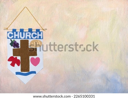 Horizontal shot of a Children’s Church banner on the left side with mottled blue, pink, yellow, and white background.  Lots of copy space.