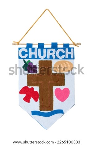 Vertical shot of a homemade Children’s Church Flannel Banner on a white background.  Copy Space.