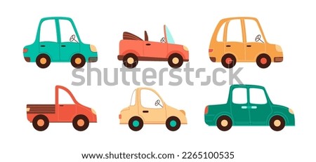 Vector cartoon cars collection for children designs. Isolated simple vehicles set in pastel colors on white