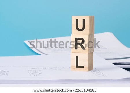 wooden cubes with text URL - Uniform Resource Locator - on business document.