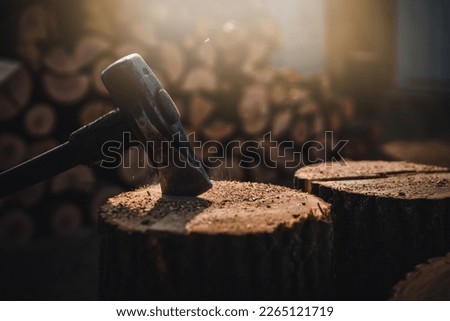 Man holding heavy ax. Axe in lumberjack hands chopping or cutting wood trunks . Royalty-Free Stock Photo #2265121719