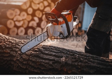 Cordless Chainsaw. Close-up of woodcutter sawing chain saw in motion, sawdust fly to sides. Chainsaw in motion. Hard wood working in forest. Sawdust fly around. Firewood processing. Royalty-Free Stock Photo #2265121729
