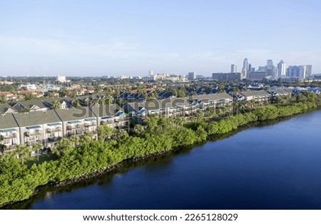 The morning view of residential Harbour Island houses and Tampa downtown skyline in a background (Florida).