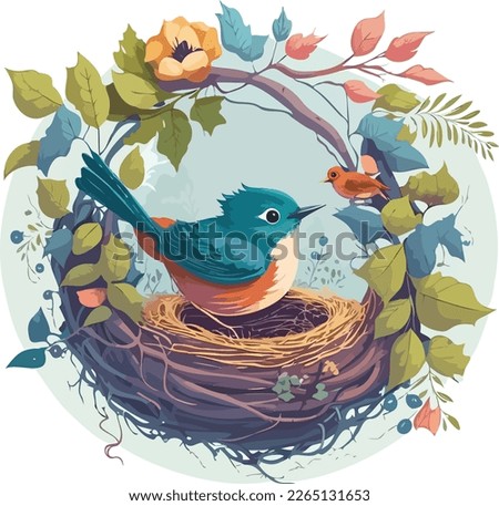 Bird's nest with colorful leaves and bird inside, flat illustration