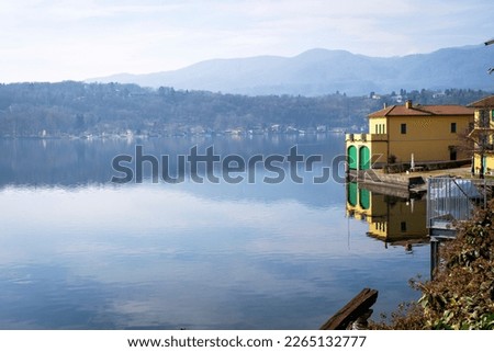 Winter panorama of the Orta Lake; of glacial origin, is a little lake in Northern Italy, Piedmont Region, divided between the Provinces of Novara and Verbania.