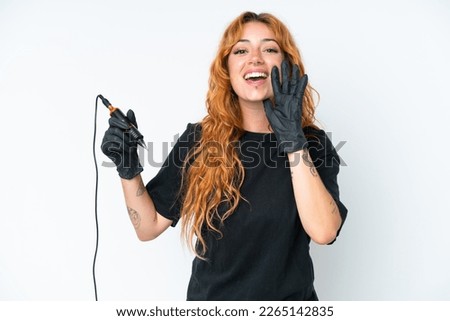 Tattoo artist caucasian woman isolated on white background shouting with mouth wide open