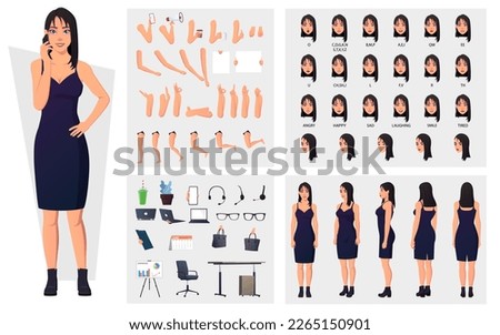 Business Woman Character Construction Pack, Girl wearing Casual Dress Character set with Turn Around Pose, Gestures, Emotions And Lip Sync. Royalty-Free Stock Photo #2265150901