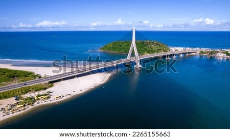 Aerial view of Ilheus, tourist town in Bahia. Historic city center with famous bridge in the background