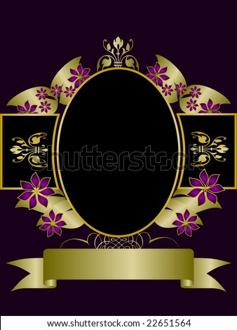A gold floral design with room for text on a rich deep purple and black background