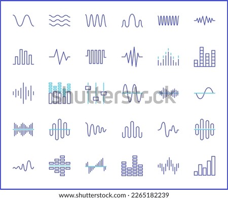 Simple Set of sound wave Related Vector Line Icons. Vector collection of vibration, signal, analog, sound, audio, graph, equalizer, music and design elements symbols or logo element. Royalty-Free Stock Photo #2265182239