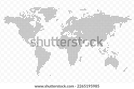 Vector Illustration of Dotted Map of World in black on Transparent Background (PNG). Dotted black map template for website pattern, annual report, infographics. Royalty-Free Stock Photo #2265195985