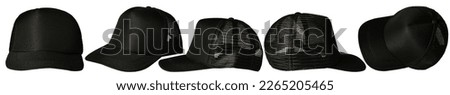 Set of black trucker cap hat mockup template collection, various angle isolated cut out object Royalty-Free Stock Photo #2265205465