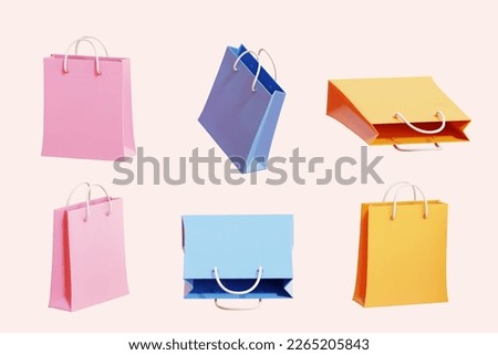Illustration of colorful shopping bags in different view isolated on light pink background. Suitable for sale promotion and shopping discount theme. Royalty-Free Stock Photo #2265205843