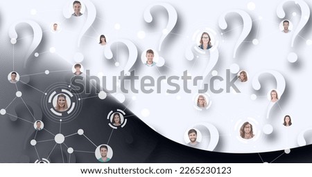 Composition of network of people photographs and question marks on white background. global business, technology, connections and networking concept digitally generated image.