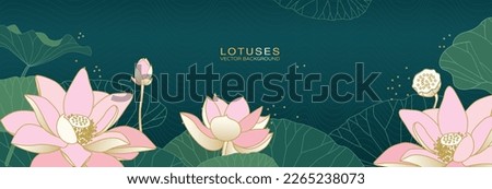 Luxury wallpaper design with Golden lotus or water lily or nelum mal and green leaves, natural wall art. Lotus line arts design for fabric, prints and background texture, Vector illustration. Royalty-Free Stock Photo #2265238073