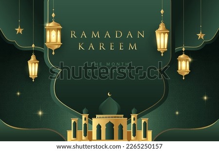 Ramadan Kareem design on green Islamic background with gold ornament star, mosque and lanterns. Suitable for raya and ramadan template concept. Royalty-Free Stock Photo #2265250157