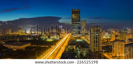 Aerial view of Hanoi cityscape at twilight in Le Van Luong street
