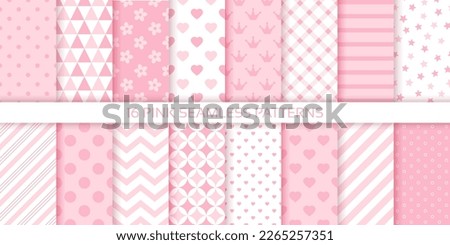Scrapbook background. Seamless pink pattern. Set baby shower packing paper. Baby girl textures with polka dot, stripes, hearts and zigzag. Cute pastel print for scrap design. Color vector illustration Royalty-Free Stock Photo #2265257351