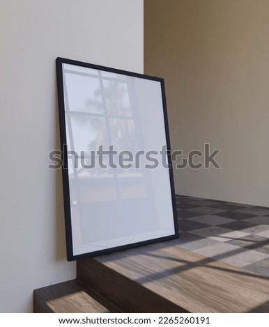 minimal black wooden photo frame mockup poster for your artwork above the table in the interior light by sunlight 3d render Royalty-Free Stock Photo #2265260191