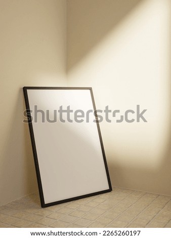 minimalist portrait dark wooden frame mockup poster for your artwork laying on the floor lit by sunlight