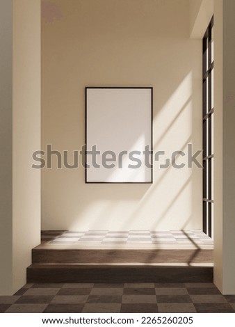 realistic frame mockup porter on the beige wall beside the window in the minimalist interior 3d render Royalty-Free Stock Photo #2265260205
