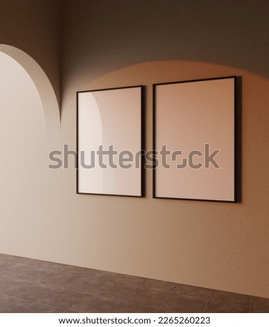 two minimalist of portrait black wooden frame mockup poster in the minimalist interior with sunset scene 3d scene