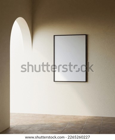 realistic portrait dark wooden frame mockup poster on the beige wall on the entrance. Minimal design in bright interior background 3d render Royalty-Free Stock Photo #2265260227