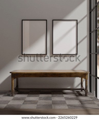 a couple of photo frame mockup poster hanging beside of the window in the room above the table with retro look 3d render