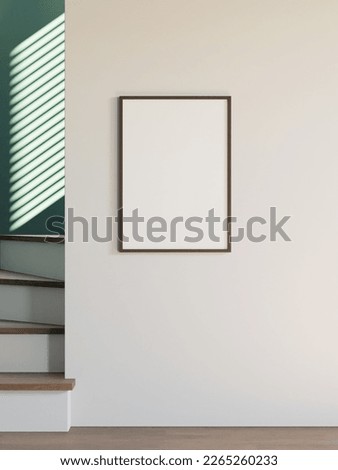 minimalist frame mockup poster on the white wall beside the stairs 3d render