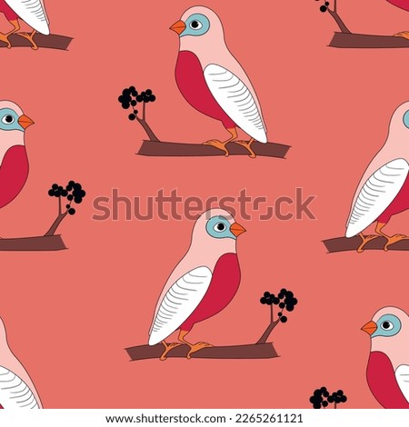 Seamless pattern with funny colorful birds, flowers, leaves and berries. Color flat vector illustration with little cartoon bird. Cute characters. Design for invitation, poster, card, textile, fabric.